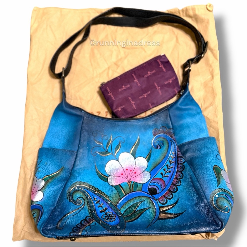 NEW Anuschka Hand Painted Large Multi Pocket Hobo Handbag Denim Paisley Floral